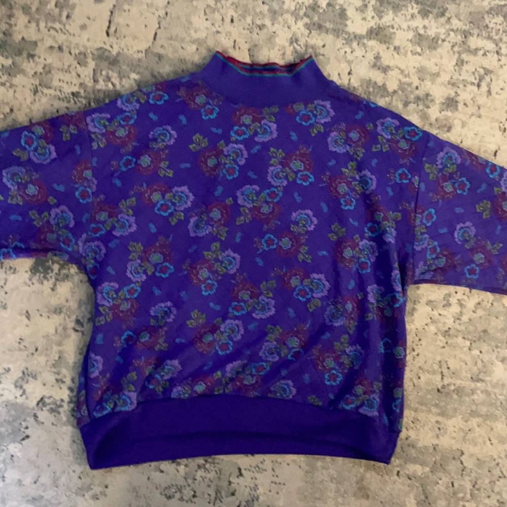 Vintage Floral Purple Quilted Mock-Neck Sweatshirt